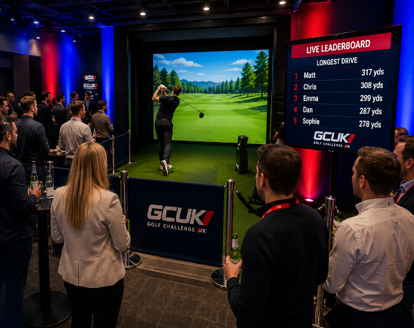 Group of people watching a man on the Golf Challenge UK simulator
