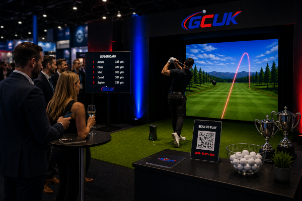 The Golf Challenge UK simulator in use at an exhibition.