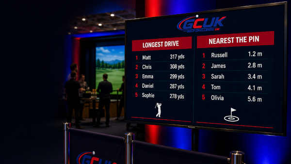 An example event live leaderboard, including longest drive & nearest the pin standings