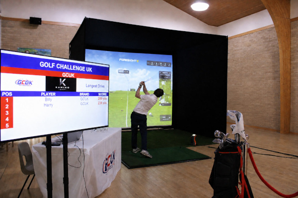 Golf Challenge UK mobile golf simulator setup with playing screen & live leader board